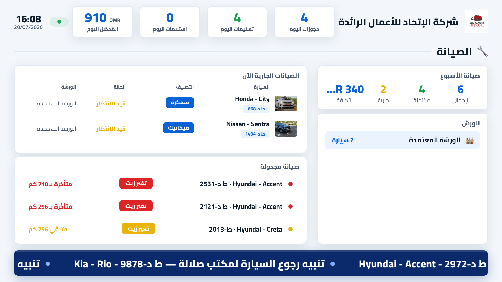 Operations Board: Maintenance scene showing in-progress and scheduled maintenance, a week summary and workshops