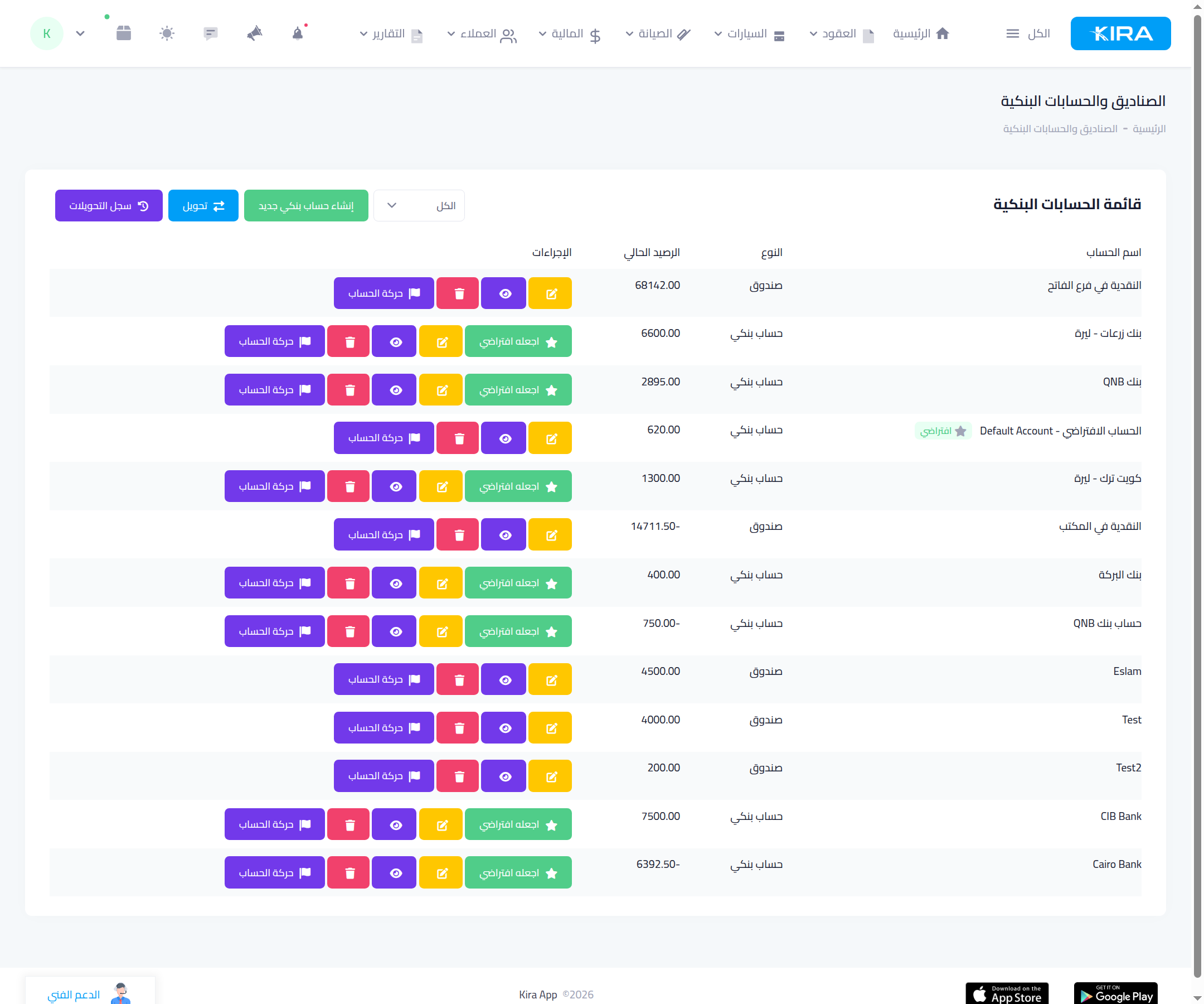 Funds and bank accounts list: type, current balance, movements, transfer and default buttons