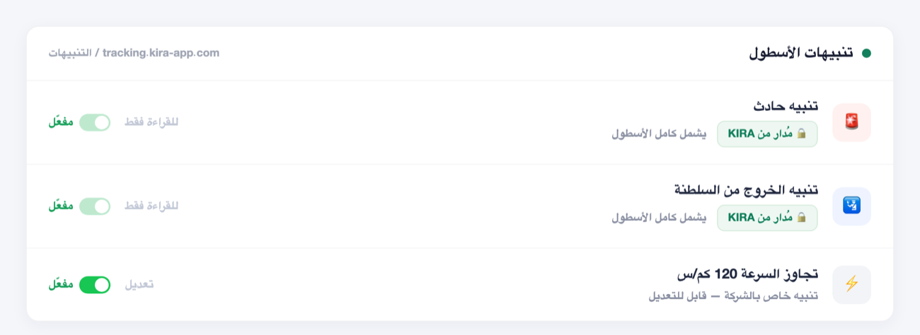 صفحة تنبيهات الأسطول